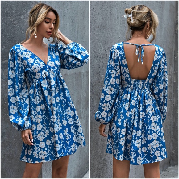 V neck open back floral print mini dress - BRICK - Picture 16 of 16